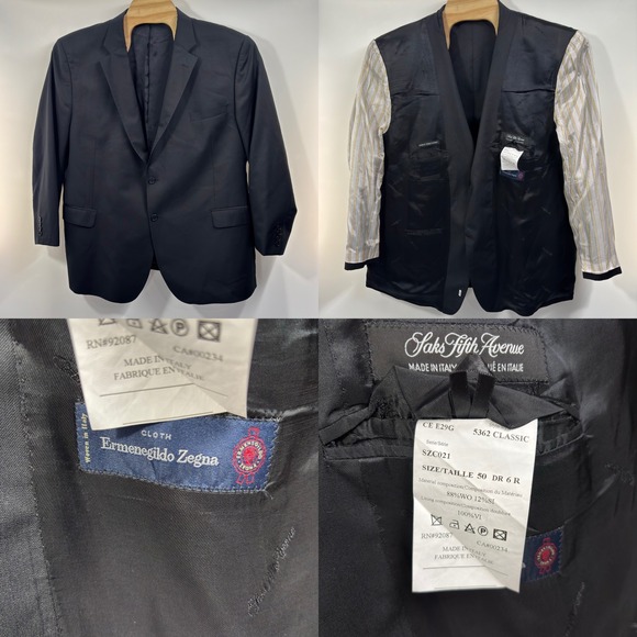 Zegna Cloth Saks Fifth Avenue 50R Black Wool Silk Sport Coat Made in Italy